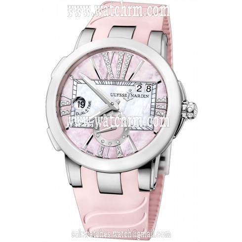 Ulysse Nardin Executive Dual Time Pink Mother of Pearl Dial Stainless Steel Pink Rubber Ladies Watch 243-10-3-397