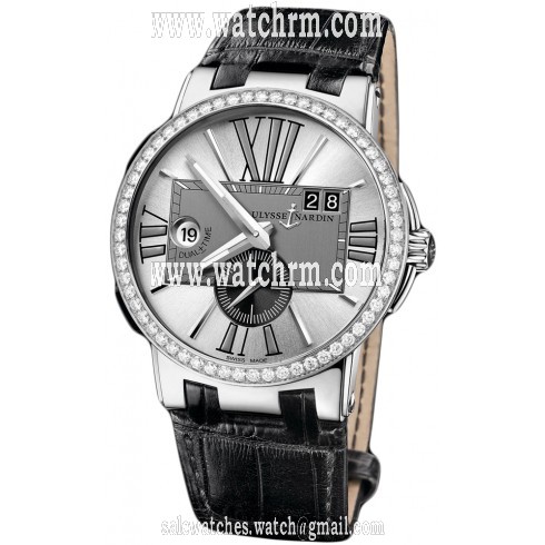 Ulysse Nardin Executive Dual Time Silver Dial Diamond Bezel Black Leather Men's Watch 243-00B-421