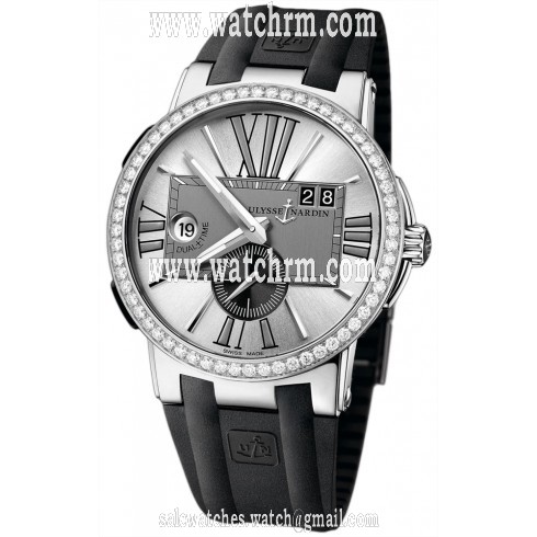 Ulysse Nardin Executive Dual Time Silver Dial Diamond Bezel Black Rubber Men's Watch 243-00B-3-421