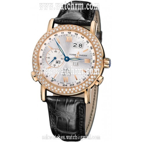 Ulysse Nardin GMT Perpetual Silver Dial Diamond Bezel 18kt Rose Gold Black Leather Men's Watch 326-28