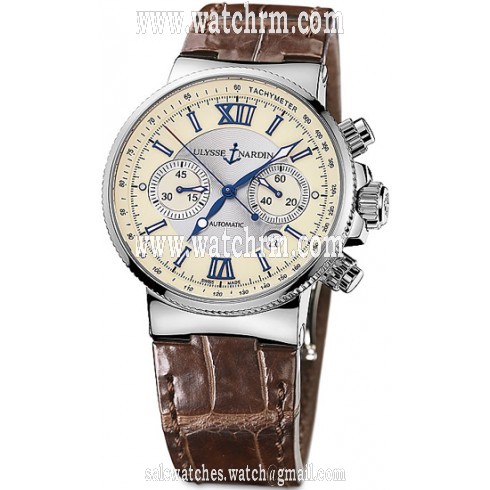 Ulysse Nardin Maxi Marine Chronograph Ivory Dial Brown Leather Automatic Men's Watch 353-66-314