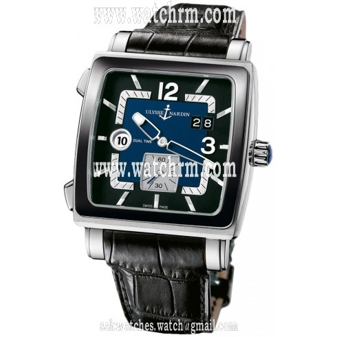 Ulysse Nardin Quadrato Blue and Black Dial Stainless Steel Black Leather Men's Watch 243-92CER-632