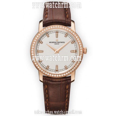 Vacheron Constantin Traditionnelle Silver Dial Diamond Beige Leather Ladies Watch 25558000R-9406