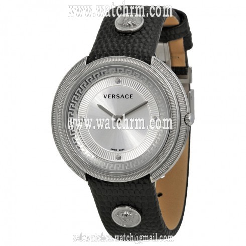 Versace Thea Silver Dial Black Leather Ladies Watch VA7010013