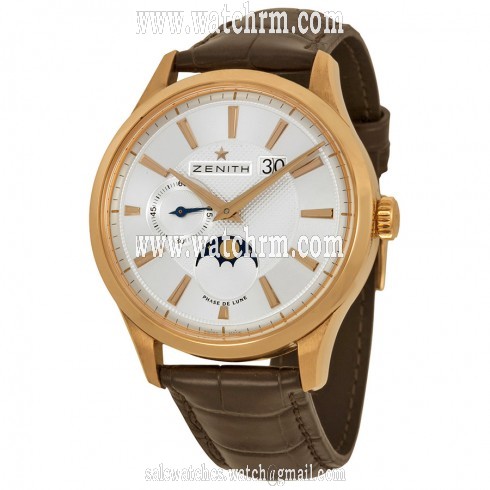 Zenith Captain Moonphase Silver Dial 18kt Rose Gold Brown Leather Men's Watch 18214069102C498