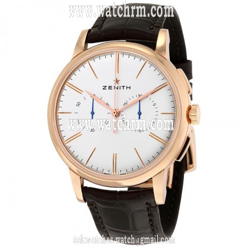 Zenith Elite Chronograph Silver Dial 18kt Rose Gold Brown Alligator Leather Men's Watch 182270406901C498