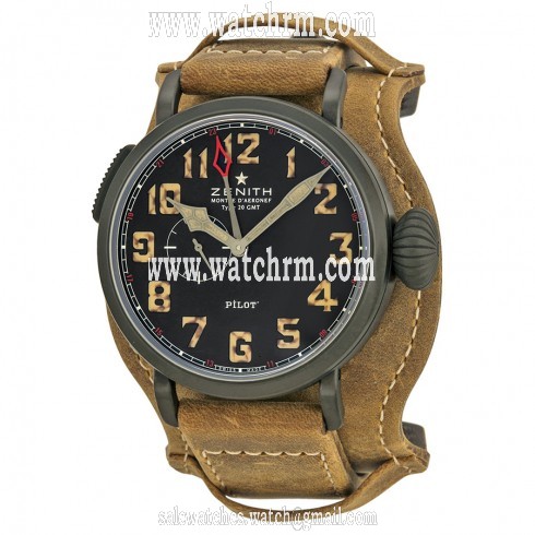 Zenith Pilot Montre d Aeronef Type 20 GMT Automatic Black Dial Calfskin Leather Men's Watch 96243169321C738